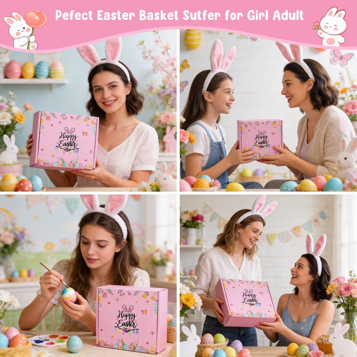 Ithmahco Easter Gifts for Teens Girls Women Adults, Easter Basket Stuffers for Teens Adults, Teen Girl Easter's Basket Stuffers, Pink Bunny Themed Gift Baskets for Teen Girl Adult Women Daughter