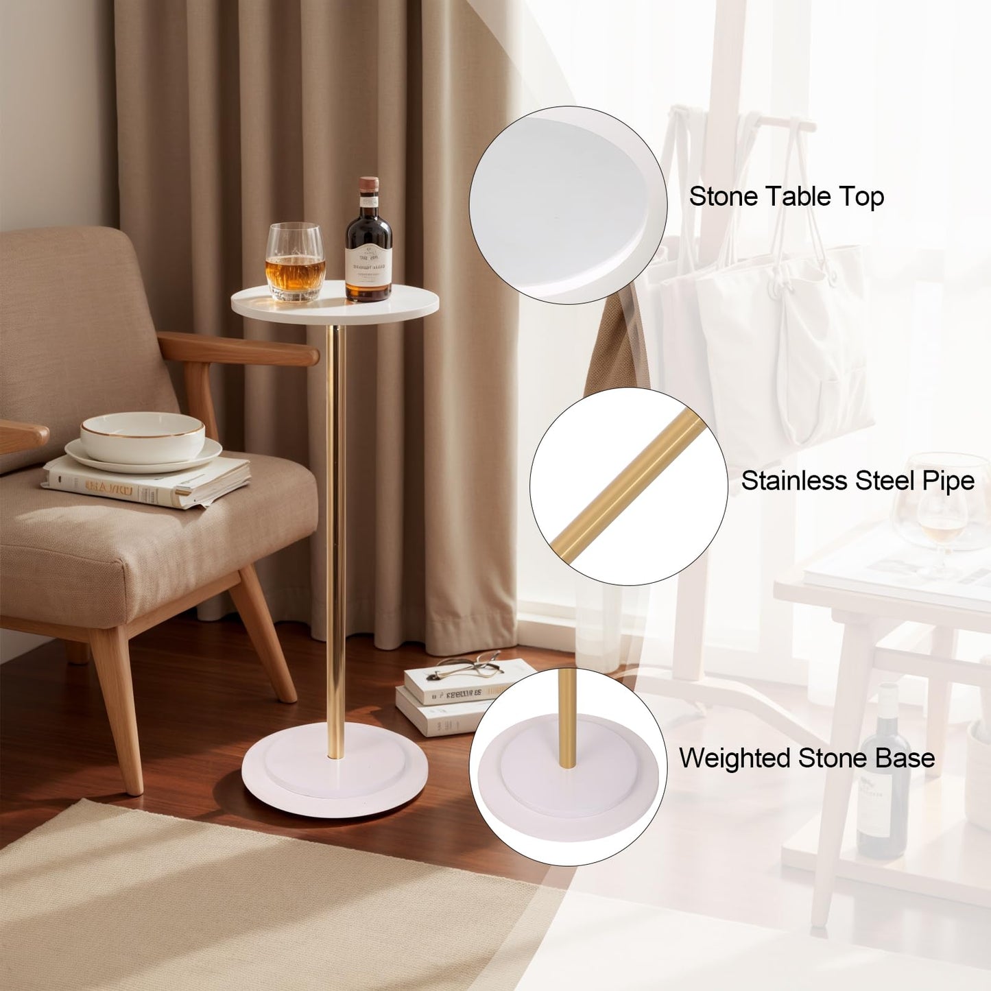 OIKASSU Premium Stone Round Drink Table,Heavy Duty Stone Base Top Pedestal,Cocktail Accent End Table for Living Room,Waterproof, Weighted Base Small Accent Side Table for Small Space Office,White