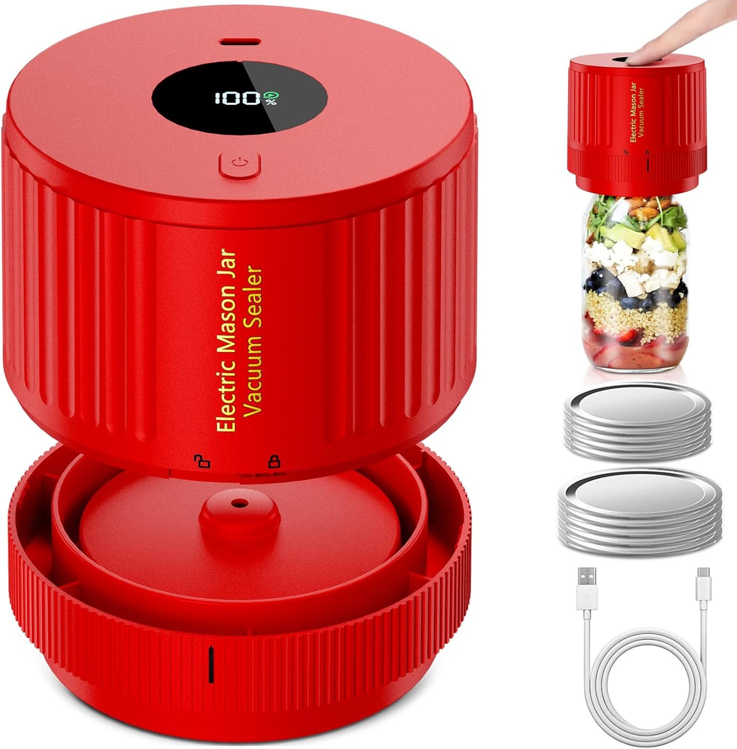 LOVE MOMENT Electric Mason Jar Vacuum Sealer Kit - Ideal for Wide & Regular Mouth Jars - Red