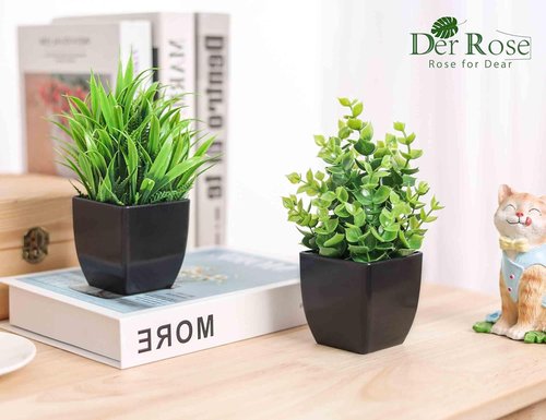 Der Rose 2 Pack Fake Plants - Small Artificial Potted Decor for Home & Office | Black Indoor Accessories