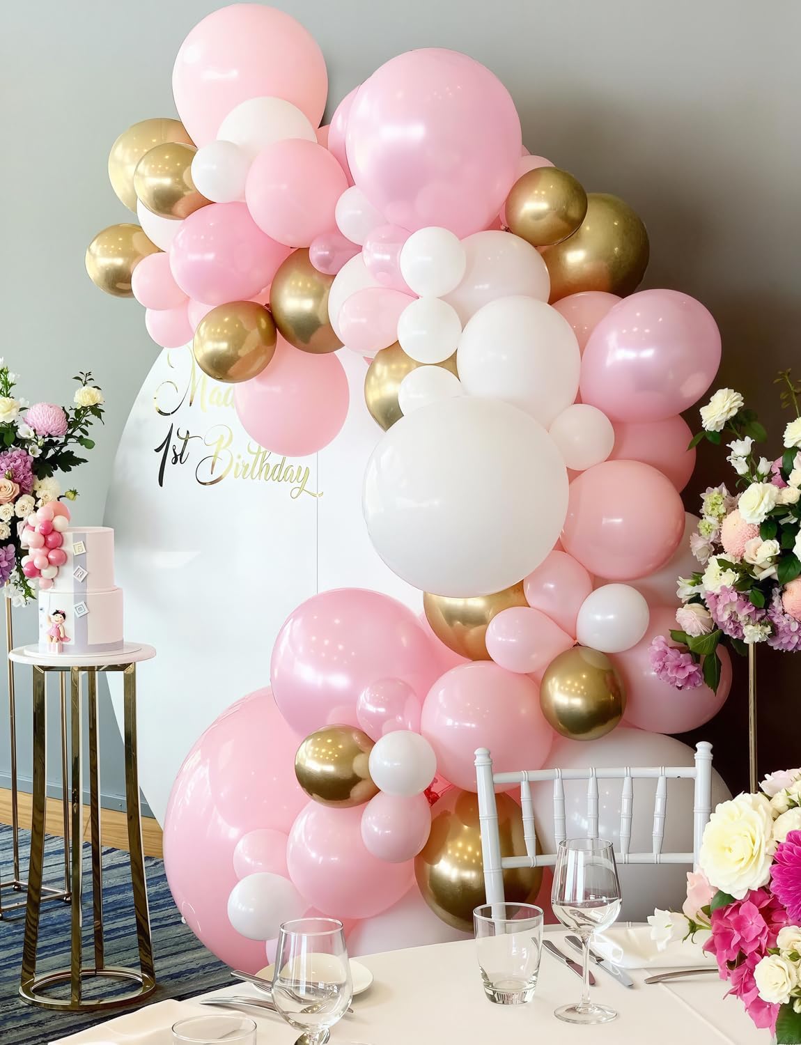 Skiennix Pink and Gold Balloon Set - 12 Inch Light Pink & White Latex Balloons with Shiny Metallic Gold Glitter for Princess Baby Shower & Birthday Party Decorations