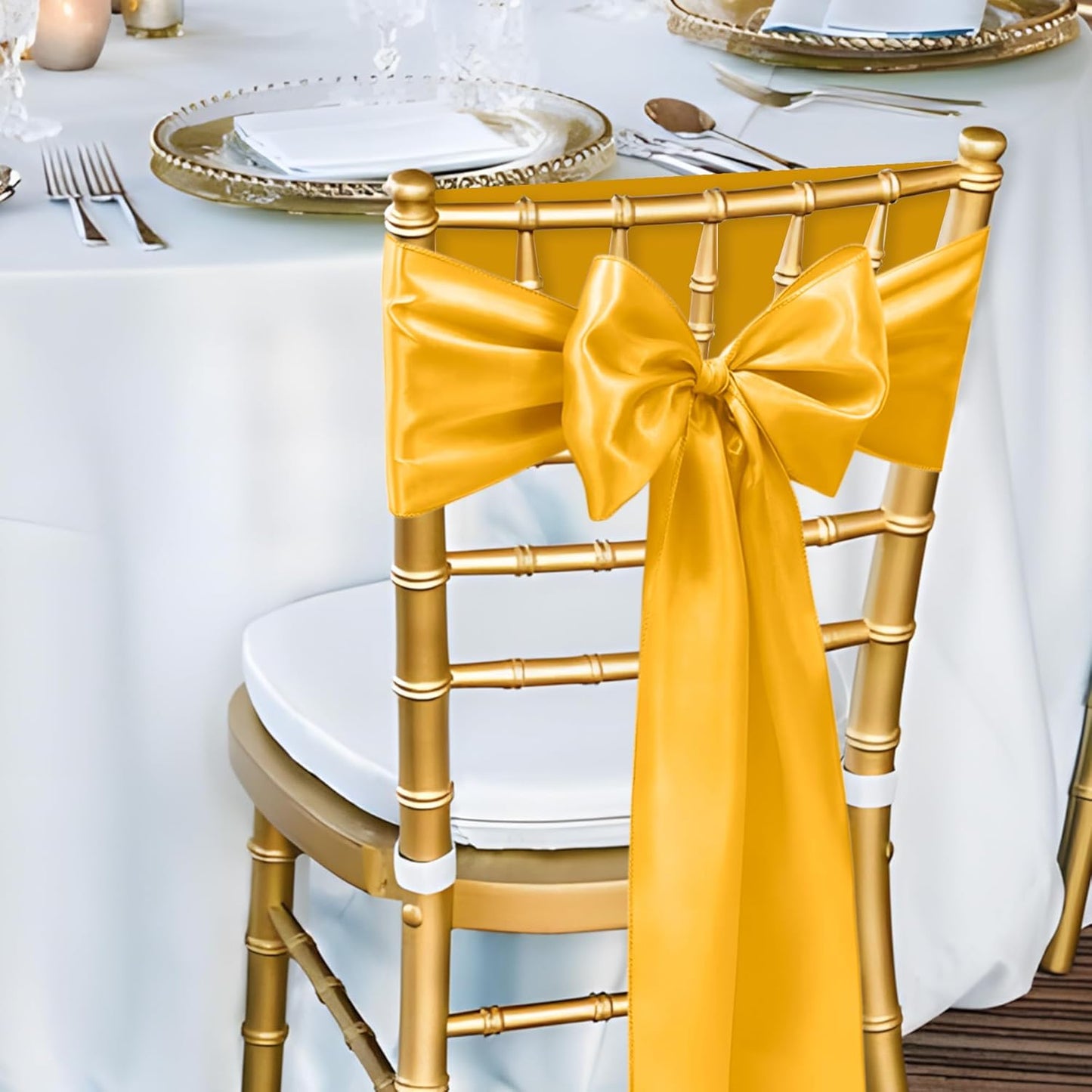 Skiennix Satin Chair Sashes - 50 Pcs Elegant Ribbon Bows for Weddings & Events | Gold 7x108 Inch