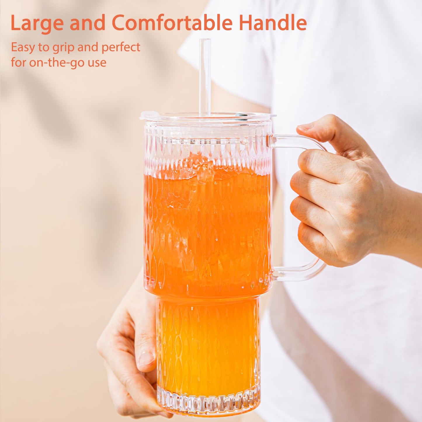 SoulTimes 26oz Raindrop Glass Tumbler with Handle - Set of 2, Reusable Iced Coffee Cup, Glass Cup with Lid and Straw for Smoothies, Juice, Coffee, Tea, Milk & More