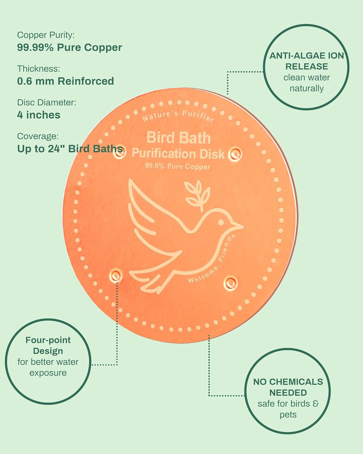 Skiennix Bird Bath Heater | Pure Copper Solar-Powered Deicer for Winter | Outdoor Metal Warmer