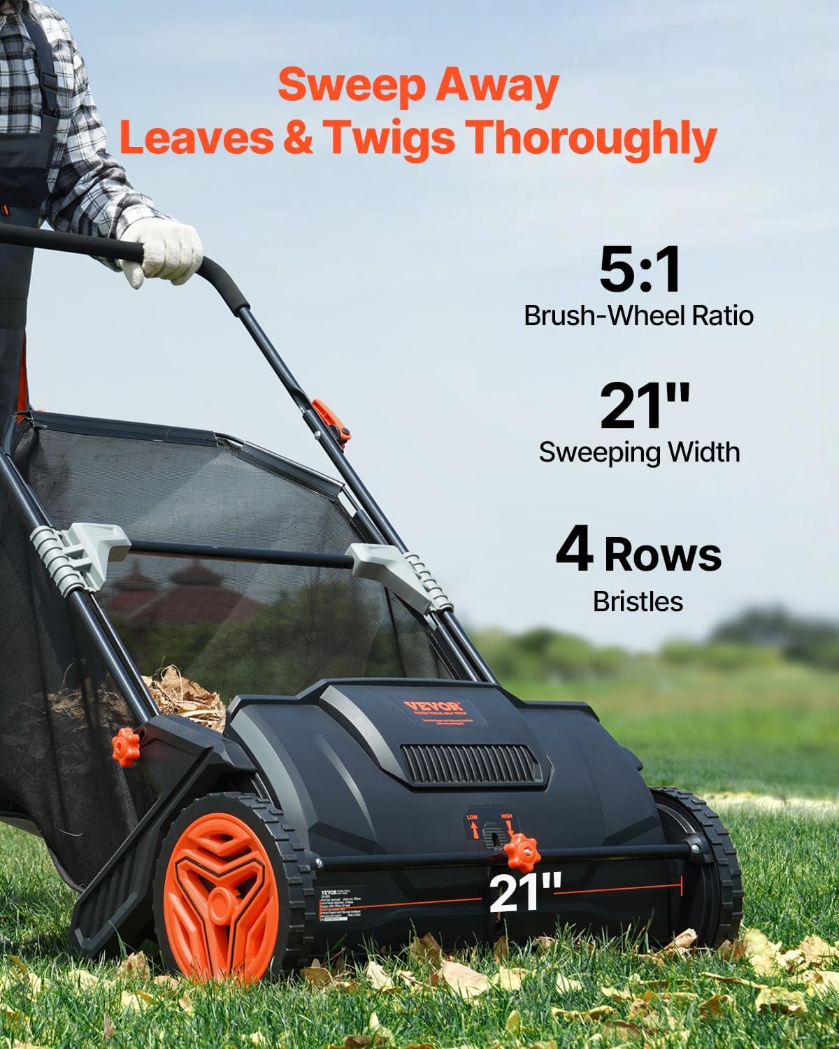 VEVOR Push Lawn Sweeper - 21-Inch Heavy-Duty Leaf & Grass Collector with 3.5 Cu. Ft. Capacity