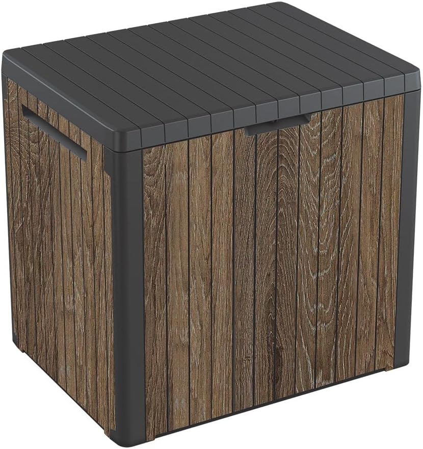 Keter Signature Everwood 30 Gallon Outdoor Storage Box - Stylish Patio Furniture & Garden Organizer, Walnut