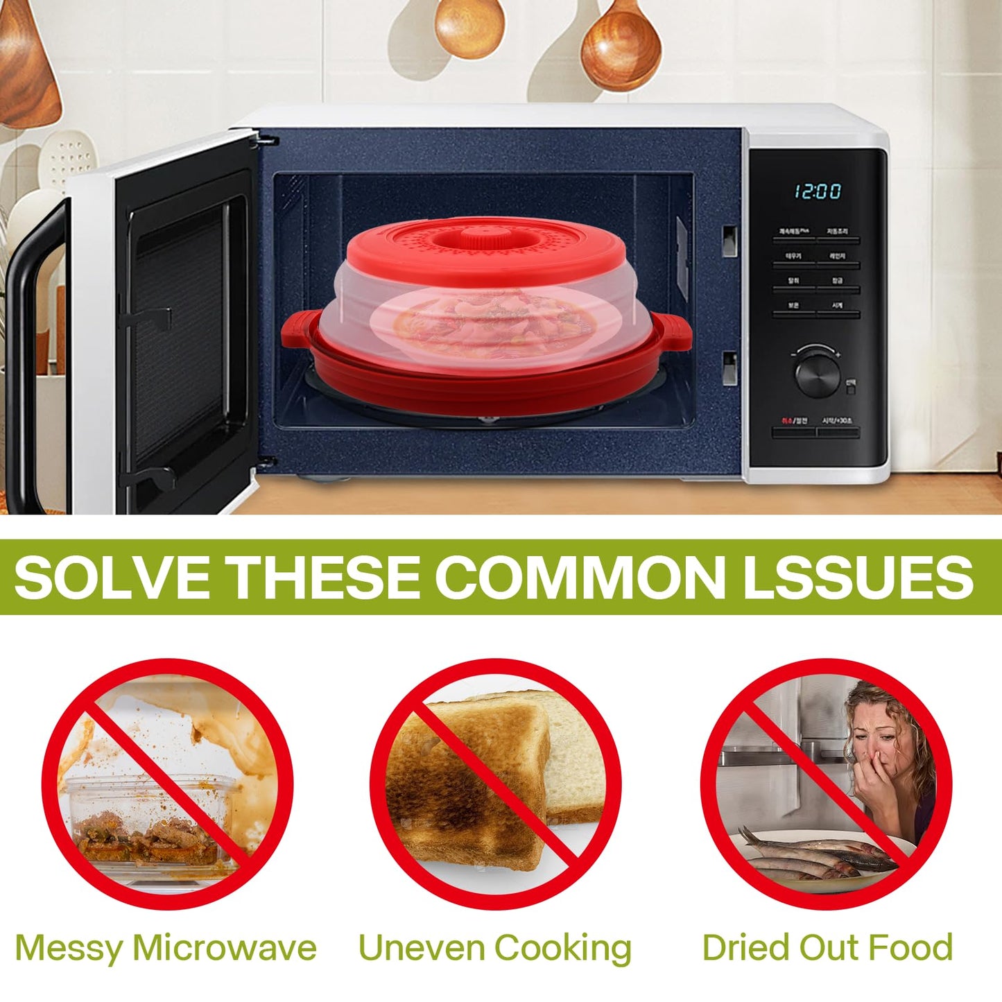 Microwave Splatter Cover for Food with Anti-scald Base Plate,Large Plastic & Silicone Vented Avoid Scalding Collapsible Guard Lid,Kitchen Essential Gadgets for Meal Prep-10.7 Inch (Red)