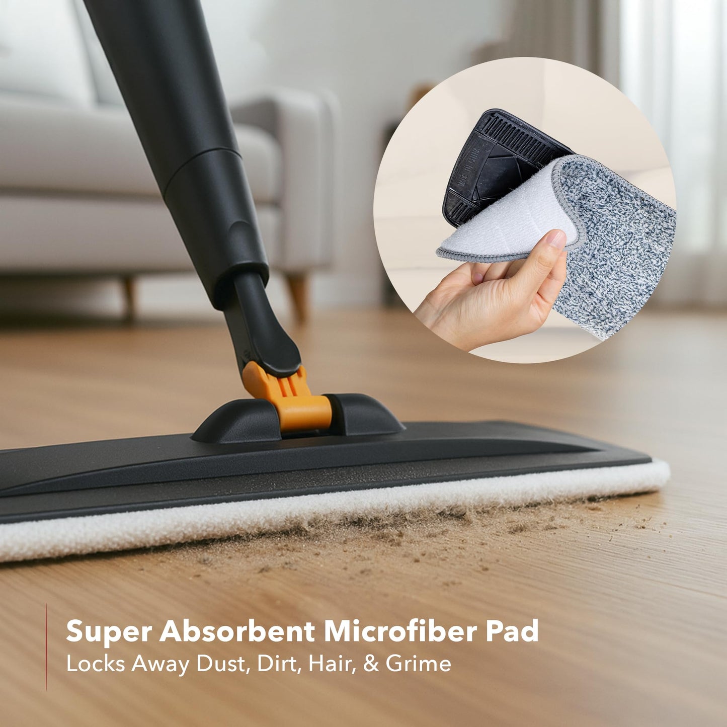 OVENTE Microfiber Spray Mop for Floor Cleaning with Refillable Bottle, Washable and Reusable Pad, 360° Spin Flat Cordless Wet Scrubber for Hardwood, Ceramic, Laminate and Vinyl Tiles, Black CTM121BGD