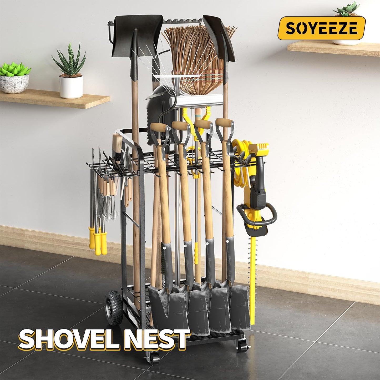 SOYEEZE Garden Tool Organizer - Heavy Duty 3-Tier Rack with Large Wheels | Holds 35 Long-Handled Tools