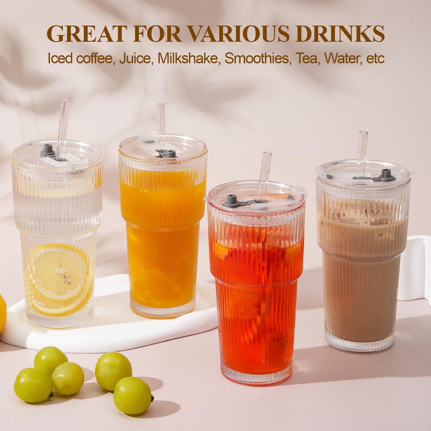 LUXULISH 20Oz Ribbed Glass Tumblers with Lids and Straws, Vintage Glass Cups Thickened Drinking Glasses Set of 4, Ideal for Iced Coffee, Smoothies, Cocktails, Matcha and Juices