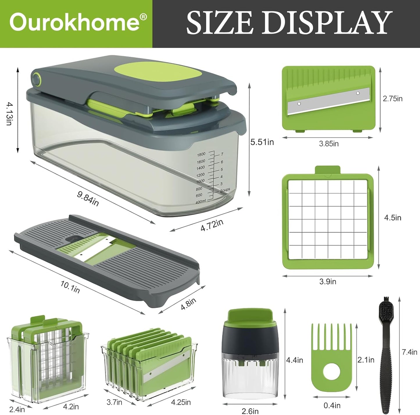 Ourokhome Veggie Chopper & Dicer - 12-in-1 Manual Food Mandolin Slicer for Zucchini, Potato & Onion - Gray