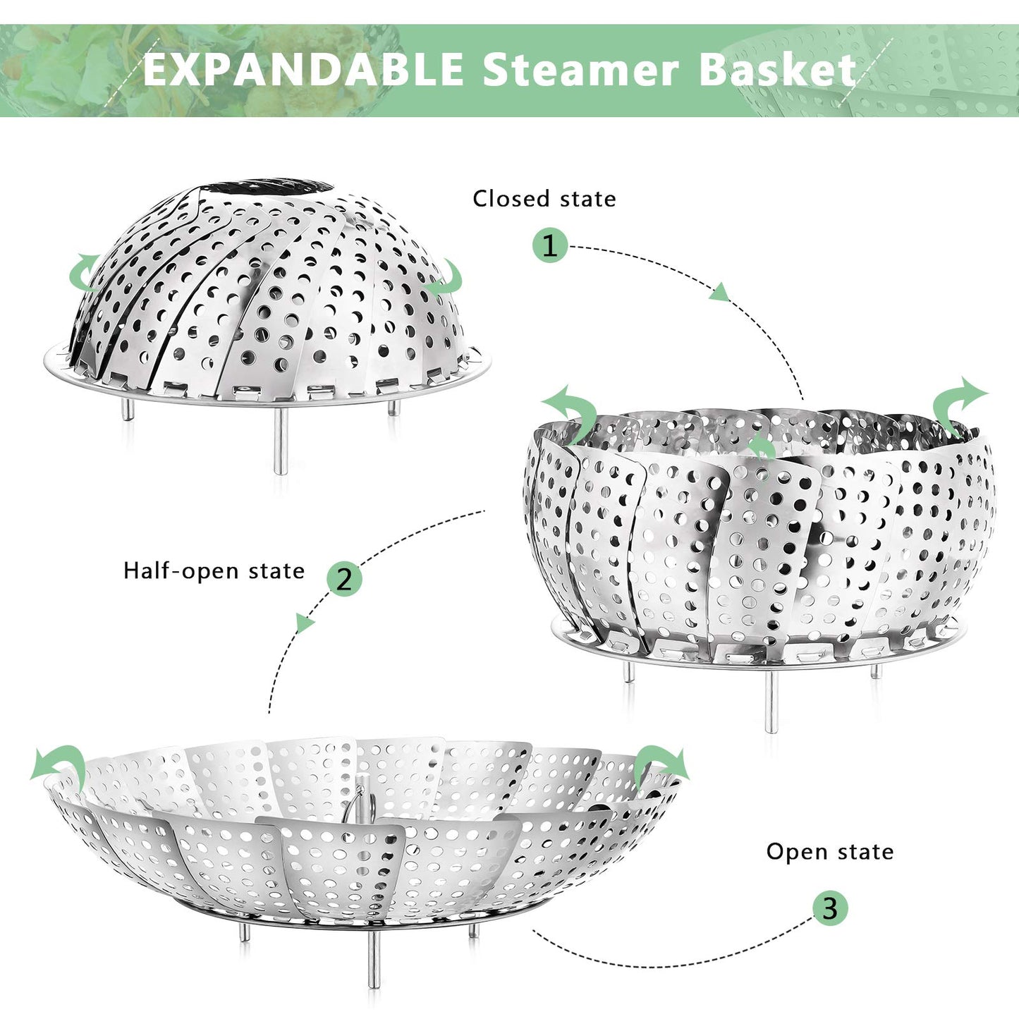 Buylorco Stainless Steel Folding Vegetable Steamer Insert for Veggie & Seafood Cooking (fits pots 5" to 9")