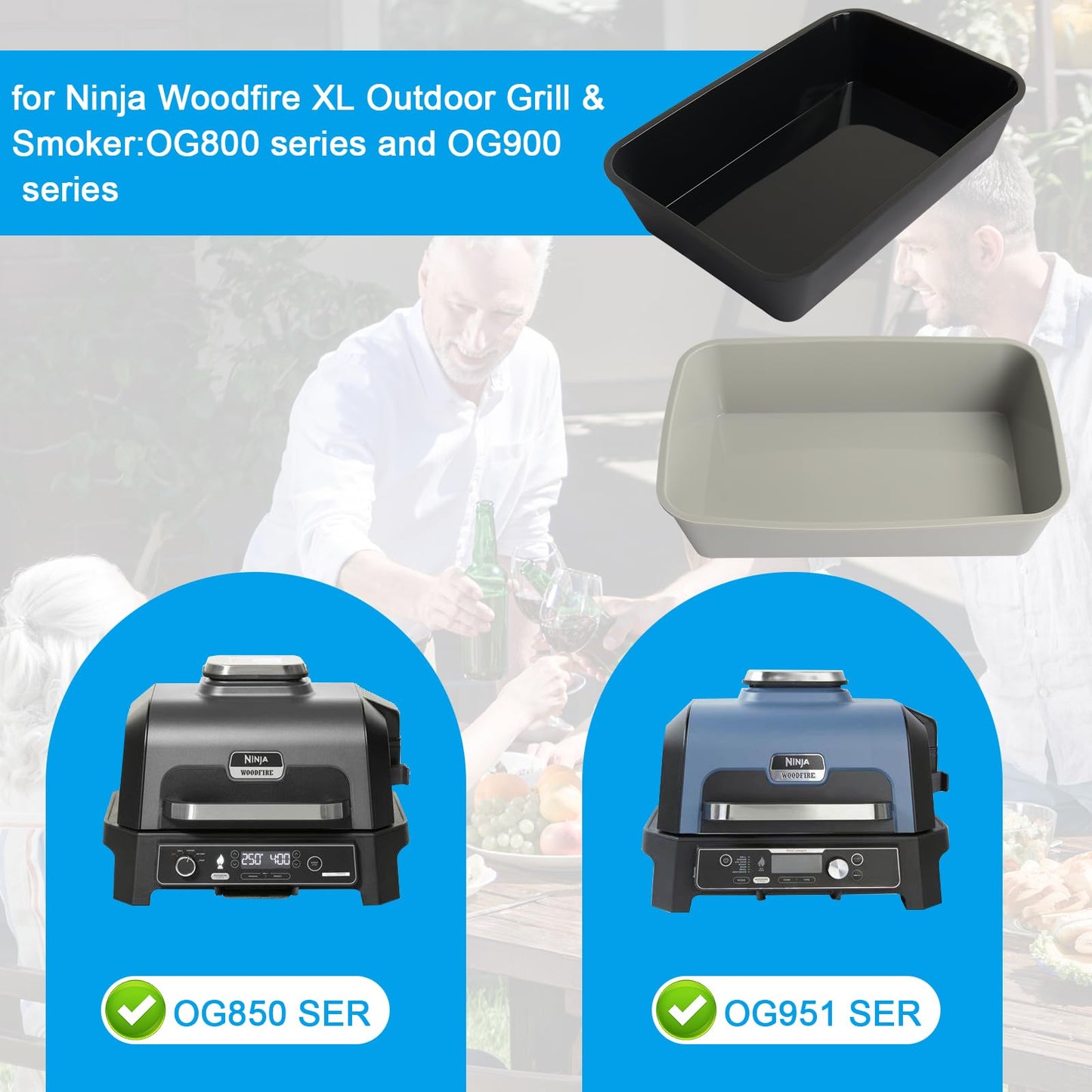 BBQ-PLUS Drip Pan Liners for Ninja Woodfire Outdoor Grill Pro XL/Pro Connect XL Reusable Silicone Grill Grease Tray for Ninja Woodfire OG850 OG951 Series Replacements for Weber 6418 (Black & Grey)