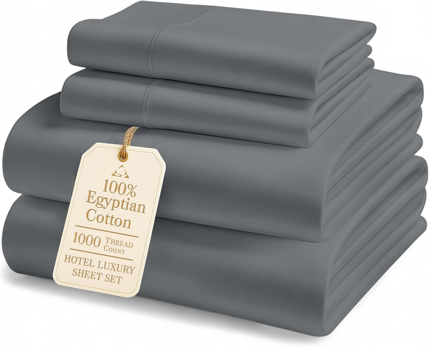 Regine Switzerland 100% Egyptian Cotton King Sheet Set - Premium 1000 Thread Count, Naturally Cooling & Breathable, 15" Deep Pocket Fitted - Charcoal