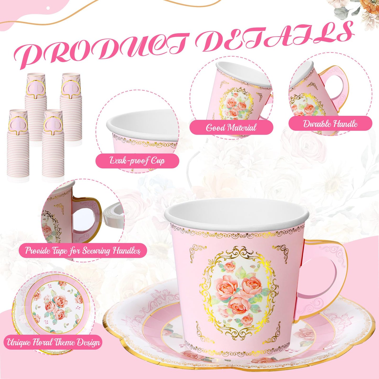 Umigy 60 Sets Tea Party Decorations 6.5oz Floral Paper Tea Cups with Handle and Plates Disposable Blossom Teacups and Saucers Sets with Tape for Hot Cold Drink Birthday (Pink Rustic)