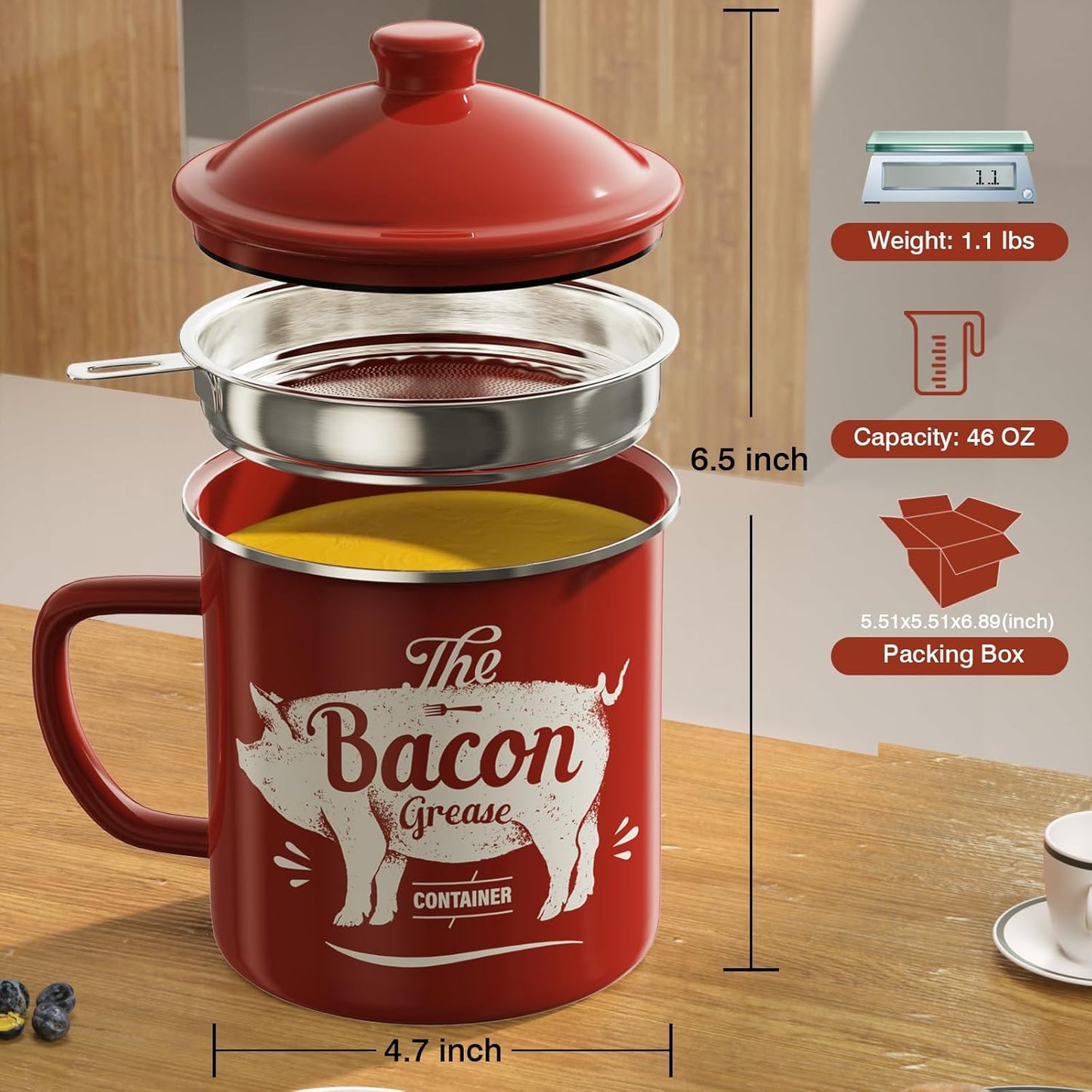 Regine Switzerland Bacon Grease Container - 46oz Enamel Keeper with Strainer & Silicone Spatula | Dishwasher Safe, Red