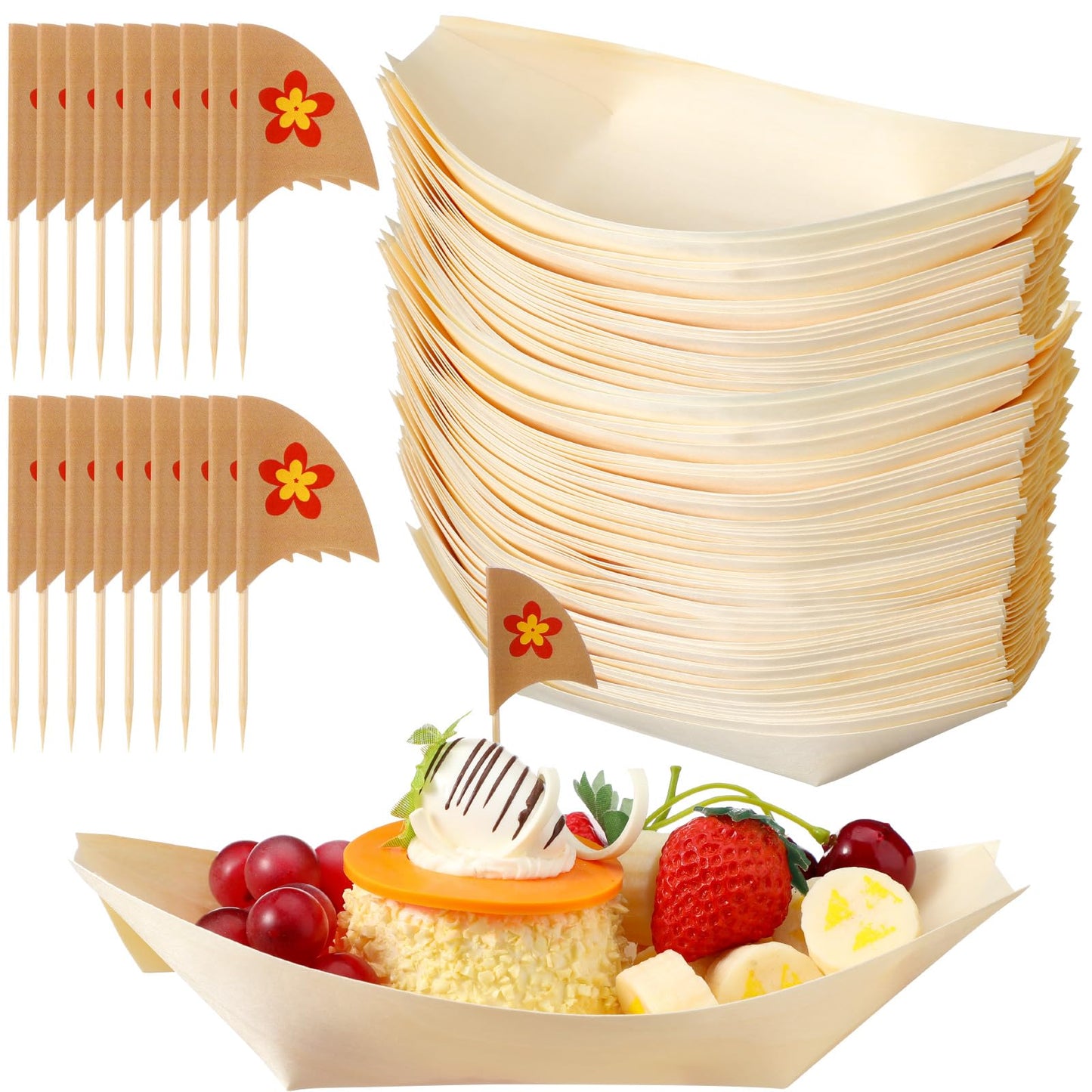 Nuogo 50 Pack 8 Inch Disposable Bamboo Boat Plates with Flower Flag Cake Topper Wooden Charcuterie Trays Serving Plates for Summer Birthday Party Decorations Tropical Hawaiian Favor Supplies