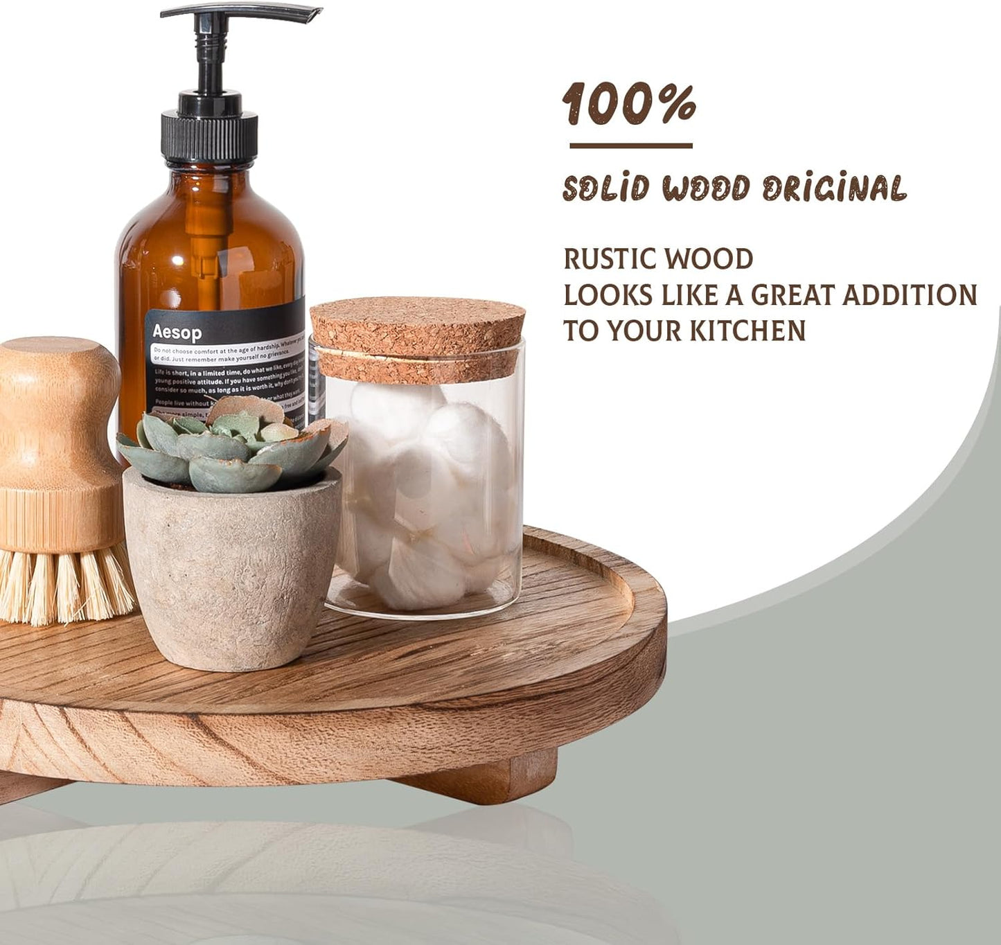 Skiennix Round Wooden Decorative Tray - Farmhouse Bathroom Counter Organizer, 10" - Brown