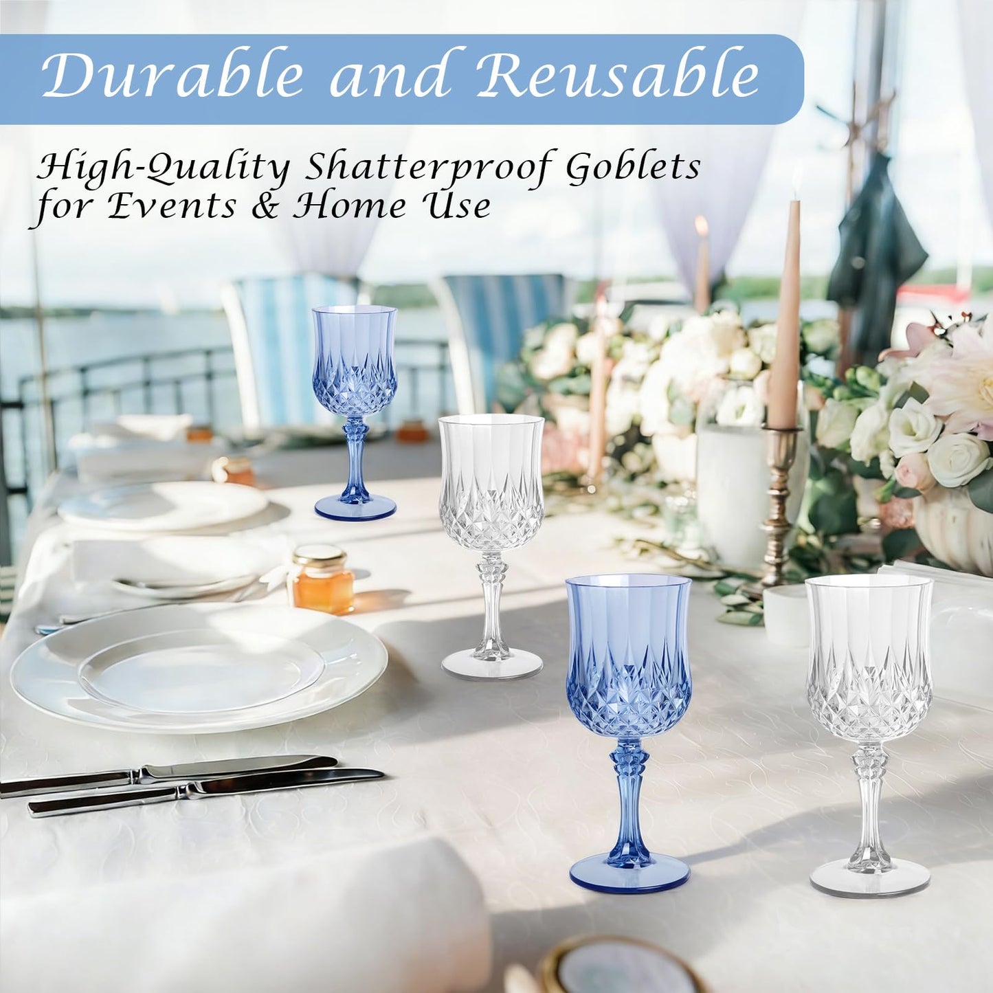 AmeLeis Plastic Wine Glasses Set of 24, 7.7 oz Reusable Plastic Goblets, Hard Plastic Stemware for Wedding, Party, Events, Elegant Shatterproof Drinking Glasses, Clear