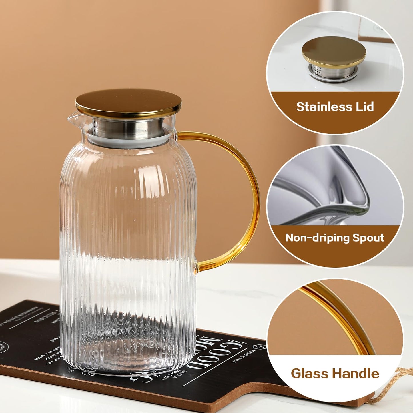 2 PACK Glass Pitcher with Lid and Handle,68 oz/ 2 Liter Vertical Stripes Water Pitcher,Glass Water Carafe for Fridge,Hand Blown Heat Resistant Borosilicate Water Jug for Hot/Cold Drinks
