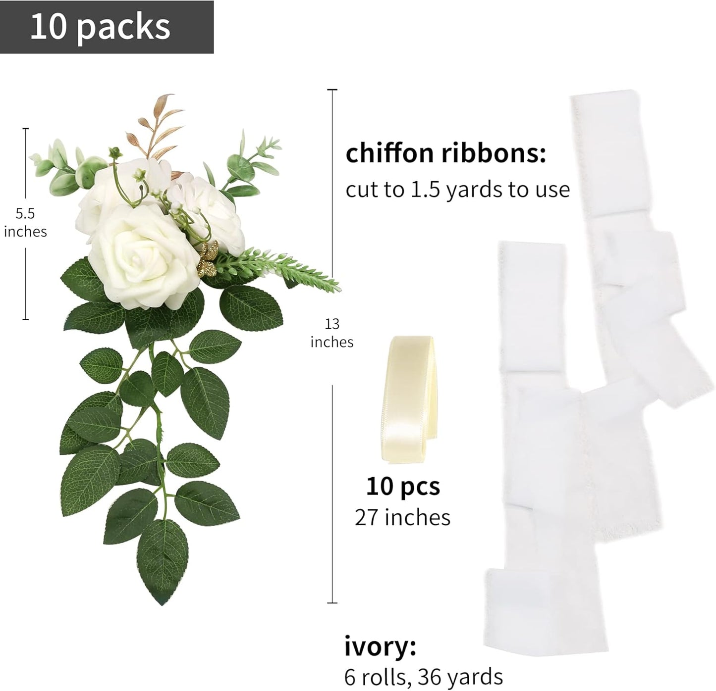 Regine Switzerland Wedding Aisle Decorations - Set of 10 Pew Flowers with Eucalyptus & Ribbons in White