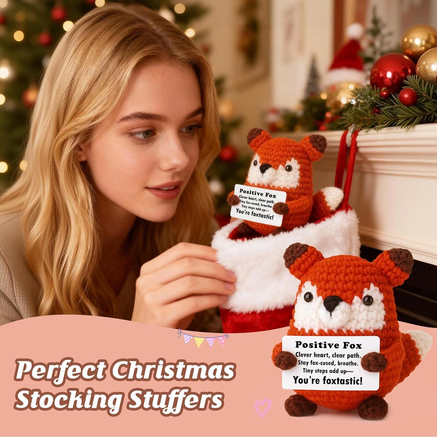 Positive Focus Mini Crochet Fox Plush - Kawaii Desk Decor & Motivational Gift for Year-Round Celebrations