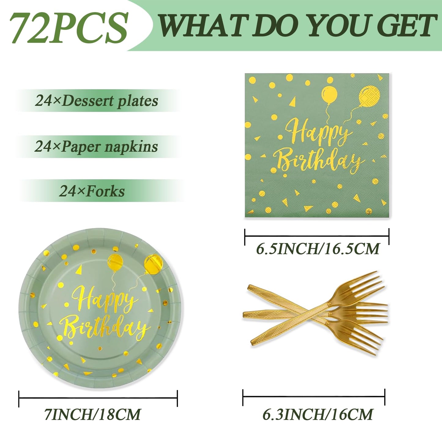 72PCS Happy Birthday Paper Plates - Sage Green and Gold Tableware Set Include 7Inch Paper Plates 6.5 Inch Napkins and 6.3 Inch Forks Disposable Decoration Supplies for Birthday Party,Serve 24