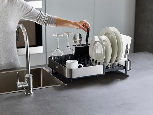 Joseph Joseph Dish Drying Rack - Extendable Stainless Steel with Movable Utensil Drainer & Drainage Spout, Gray