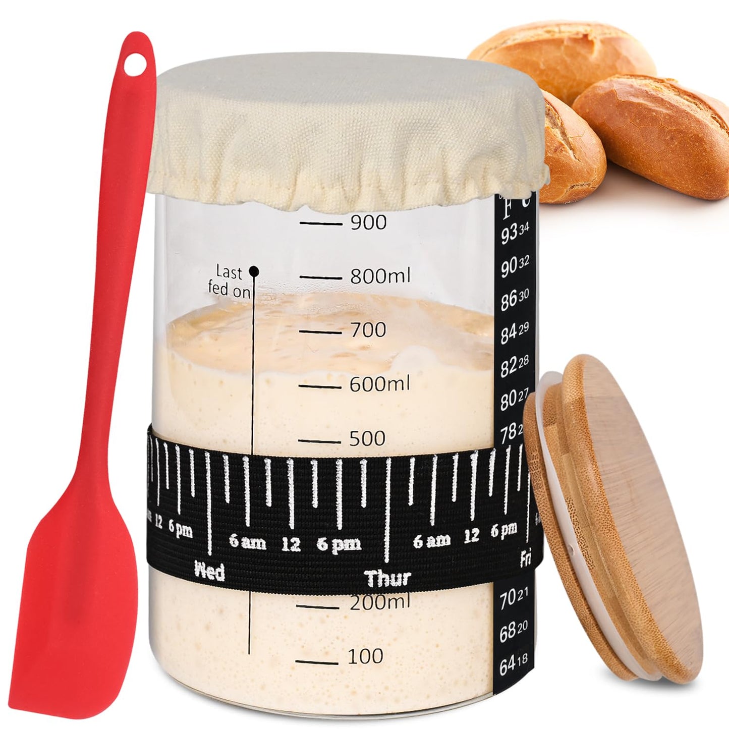 Xileanalee Pro Sourdough Starter Jar Kit- 35 Oz Large Sourdough Starter Glass Jar with Date Marked Feeding Band,Thermometer,Spatula,Cloth Cover& Lid for Sour Dough Bread Loaf