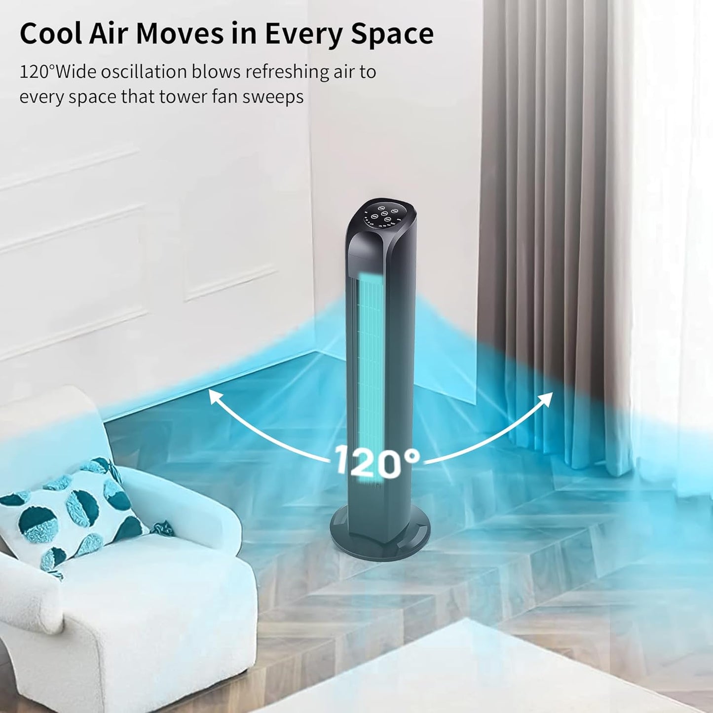 Uthfy Bladeless Tower Fan - 120° Oscillation, Remote Control, 3 Modes, 30 Inch, Black