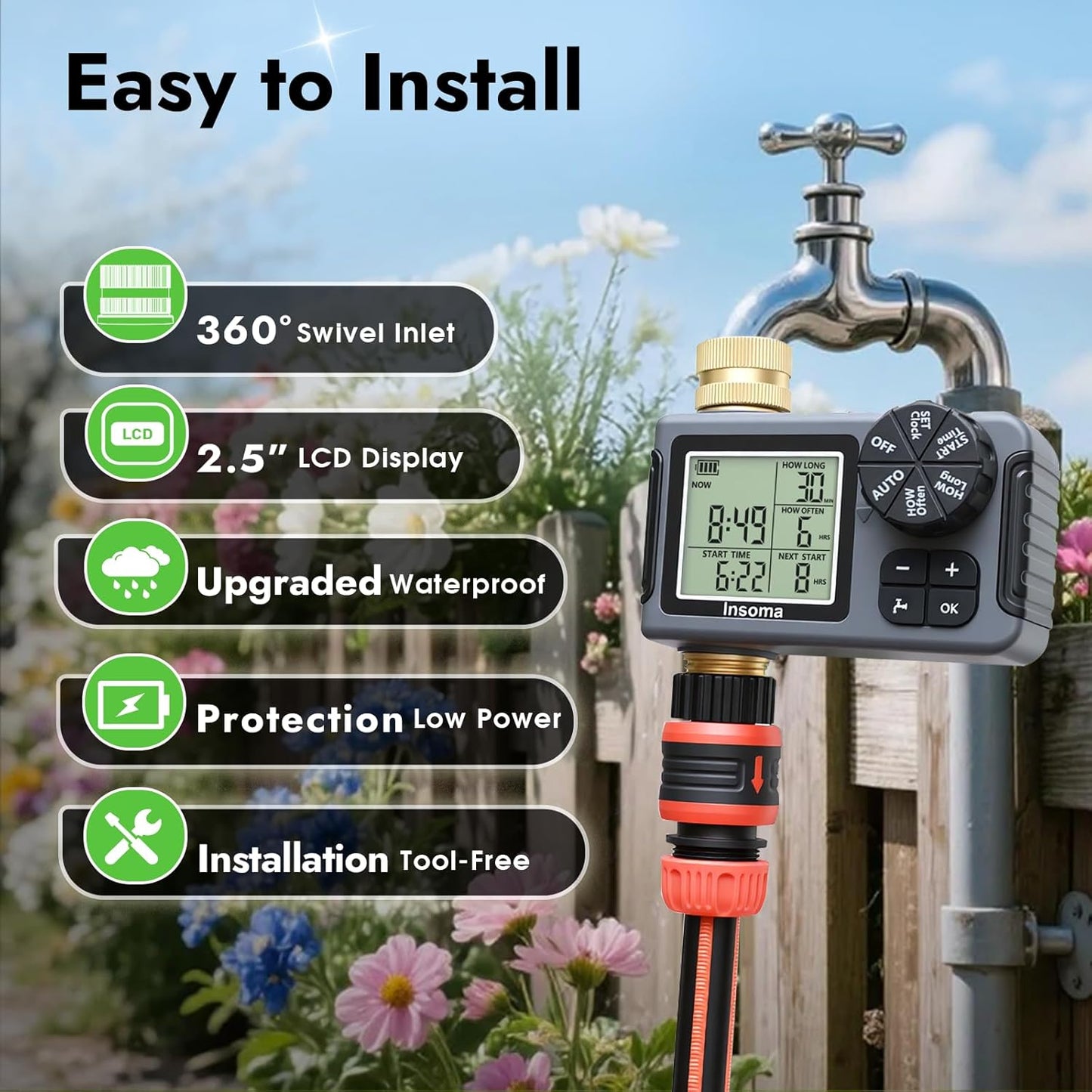 Water Timer - Programmable Sprinkler Controller with 100% Metal Pipe | Auto/Manual/Rain Delay for Garden