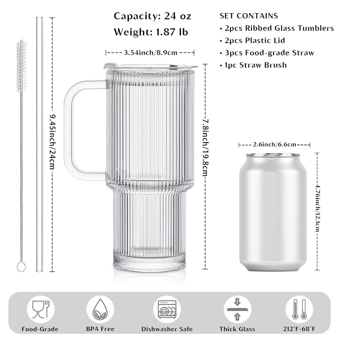 INSETLAN 24oz Ribbed Glass Tumbler with Handle & Lid – 2-Pack Large Iced Coffee Cups with Straws, Modern Glass Mug for Cold & Hot Beverages, Aesthetic Travel Cup for Smoothies, Tea, and Juice