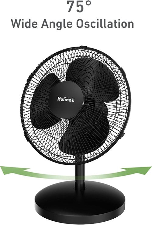 Holmes 12 Inch Oscillating Table Fan - 3 Speed Settings | 75° Wide Angle & 15° Tilt - Quiet for Home & Office