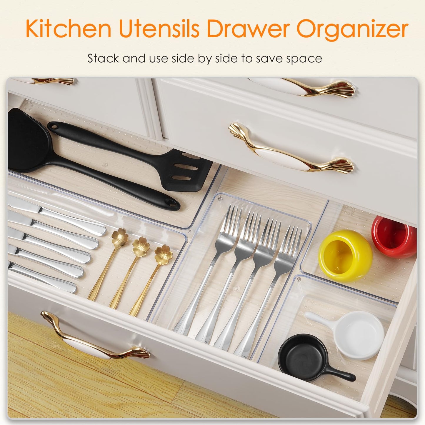 Criusia Clear Drawer Organizer 7 PCS - 5 Size Plastic Versatile Kitchen and Bathroom Organizer Trays, Non-Slip Storage Bins for Makeup, Utensils, Tool and Office Desk