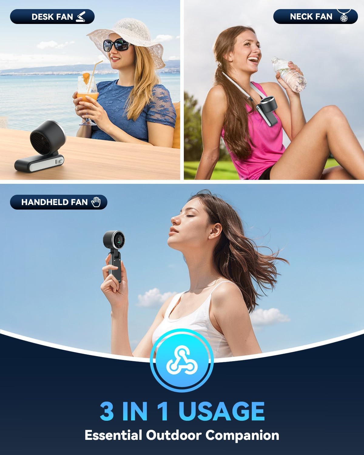 PlayHot Portable Handheld Turbo Fan - 5-Speed Wind | Battery Operated, 12-Hour Runtime, 3-in-1 Design (Black)