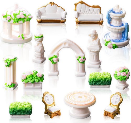 Exasinine Mini Garden Furniture Ornaments Set - 15 Pcs Micro Resin Patio Decor with Table, Chair, Bench, and Fountain Statues