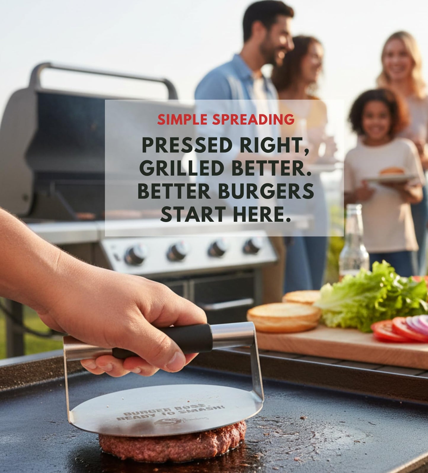 Simple preading Smash Burger Press with Fun Quotes - Stainless Steel Hamburger Smasher for Griddle & Grill Press, Perfect for BBQ, Flat Tops, Patty Making, (5.5" XL, Burger Boss)