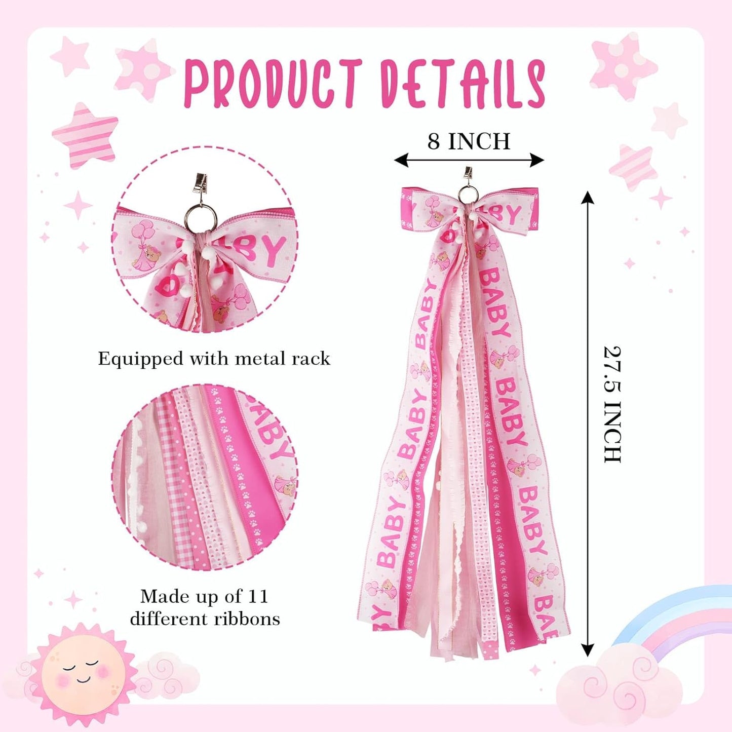 Welcome Home Wreath Bow by Baby Girl - 27.5" Large Pink 11-Layer Ribbon Door Hanger for Nursery Decor