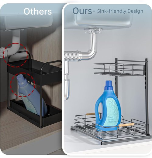 Delamu Under Sink Organizer - Height Adjustable Slide-Out Storage Shelf for Kitchen & Bathroom Cabinets