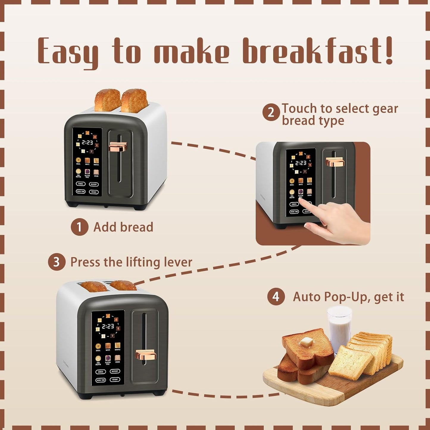SEEDEEM 2-Slice Toaster - Touch Screen Control, 7 Shade Settings, 1.5” Wide Slots, Removable Crumb Tray