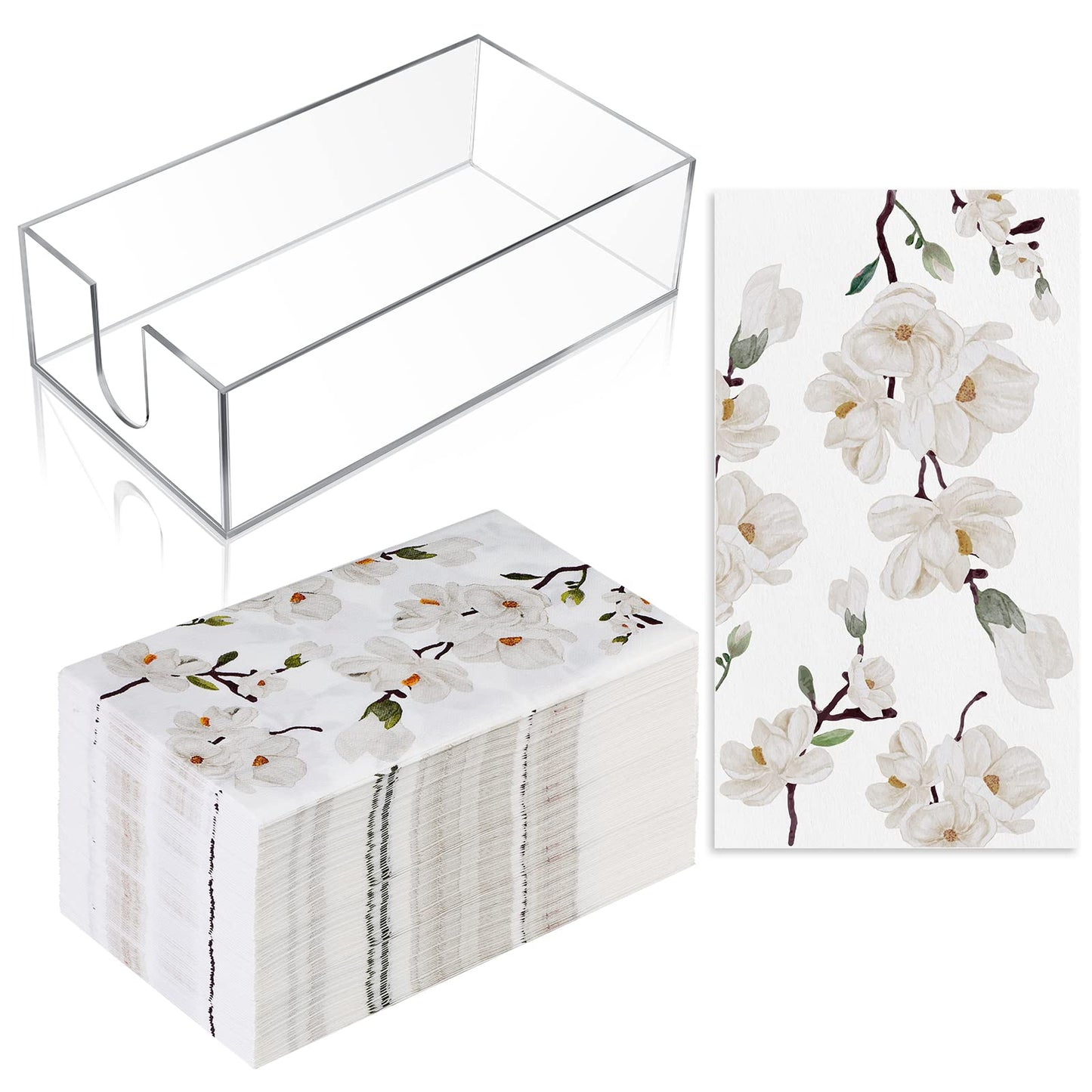 Outus 100 Pcs Floral White Magnolia Paper Guest Towels 2 Ply with Acrylic Napkin Holder, Disposable Decorative Paper Towels 4.3 x 7.8 Inches Hand Napkins with Tray for Bathroom Powder Room