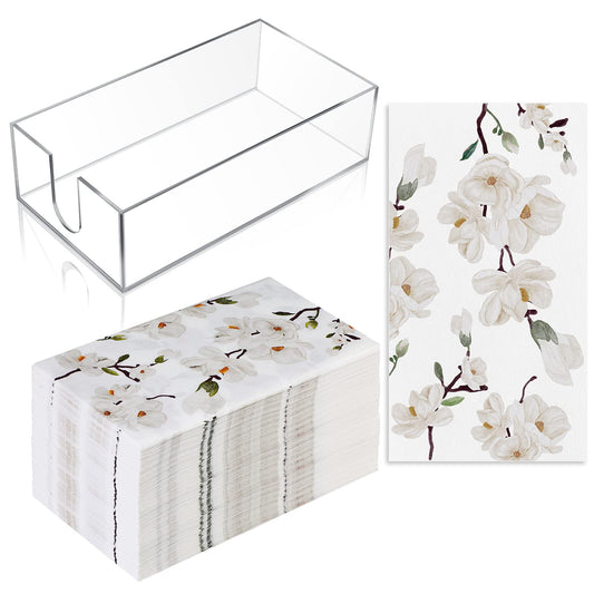 Outus 100 Pcs Floral White Magnolia Paper Guest Towels 2 Ply with Acrylic Napkin Holder, Disposable Decorative Paper Towels 4.3 x 7.8 Inches Hand Napkins with Tray for Bathroom Powder Room