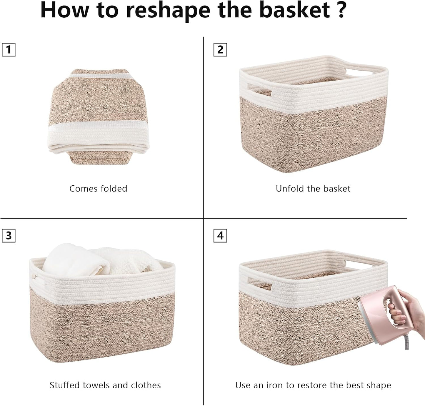 OIAHOMY Storage Baskets - 4 Pack Woven Cotton Rope Baskets for Organizing Toys, Towels & Books | 13" L x 9" W x 7.8" H, Brown & White