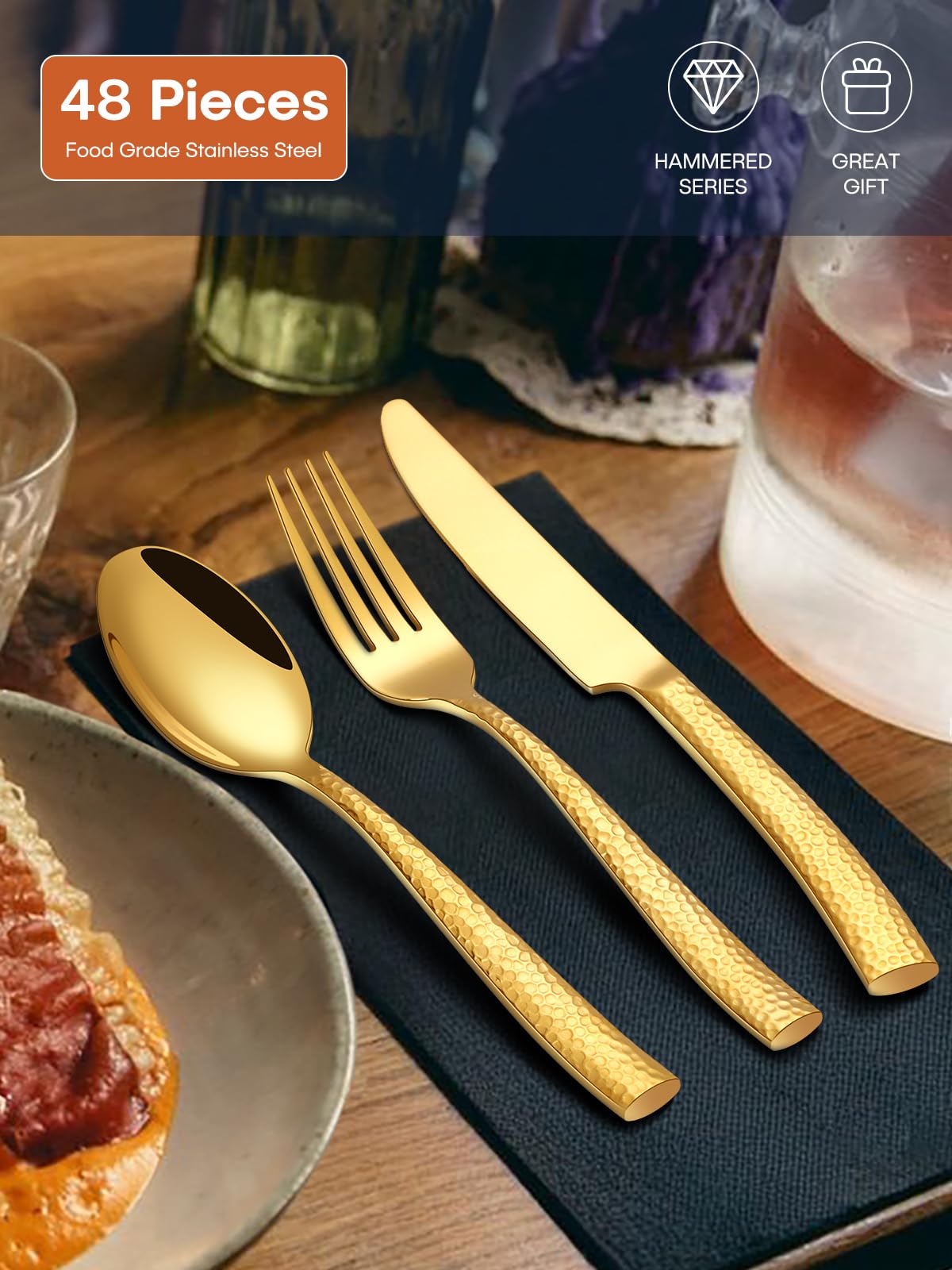 Stapava 48 Pc Gold Hammered Silverware Set with Steak Knives, Stainless Steel Gold Utensils Cutlery for 8, Mirror Flatware Include Forks, Spoons and Knives for Home, Hotel; Dishwasher Safe