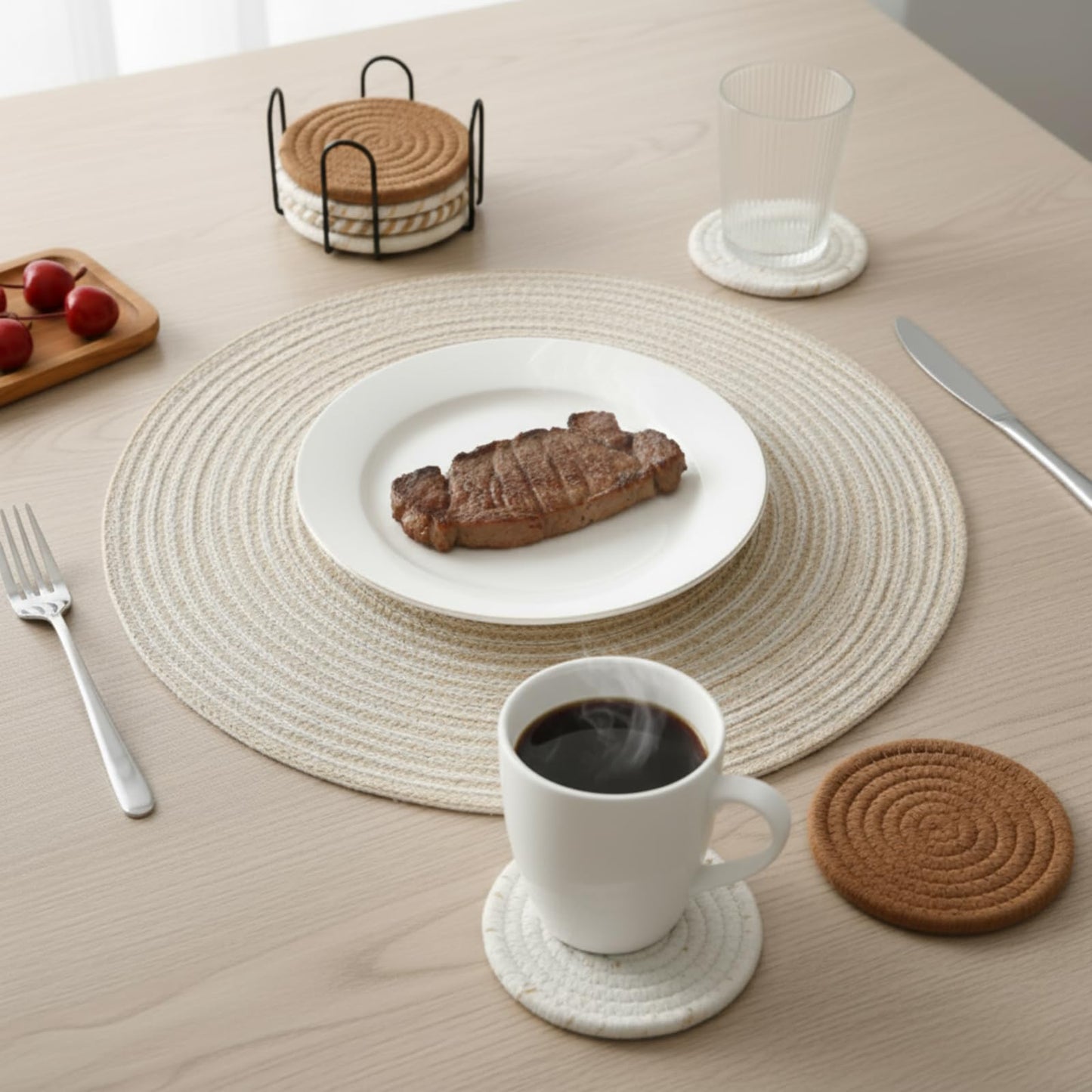 Acellegic 17 Pcs 15'' Round Woven Placemats and 4.3'' Drink Coaster with Holder, Boho Heat Resistant Absorbent Woven Cotton Coasters for Drinks for Dining Living Room Tabletop Protection(Light Color)