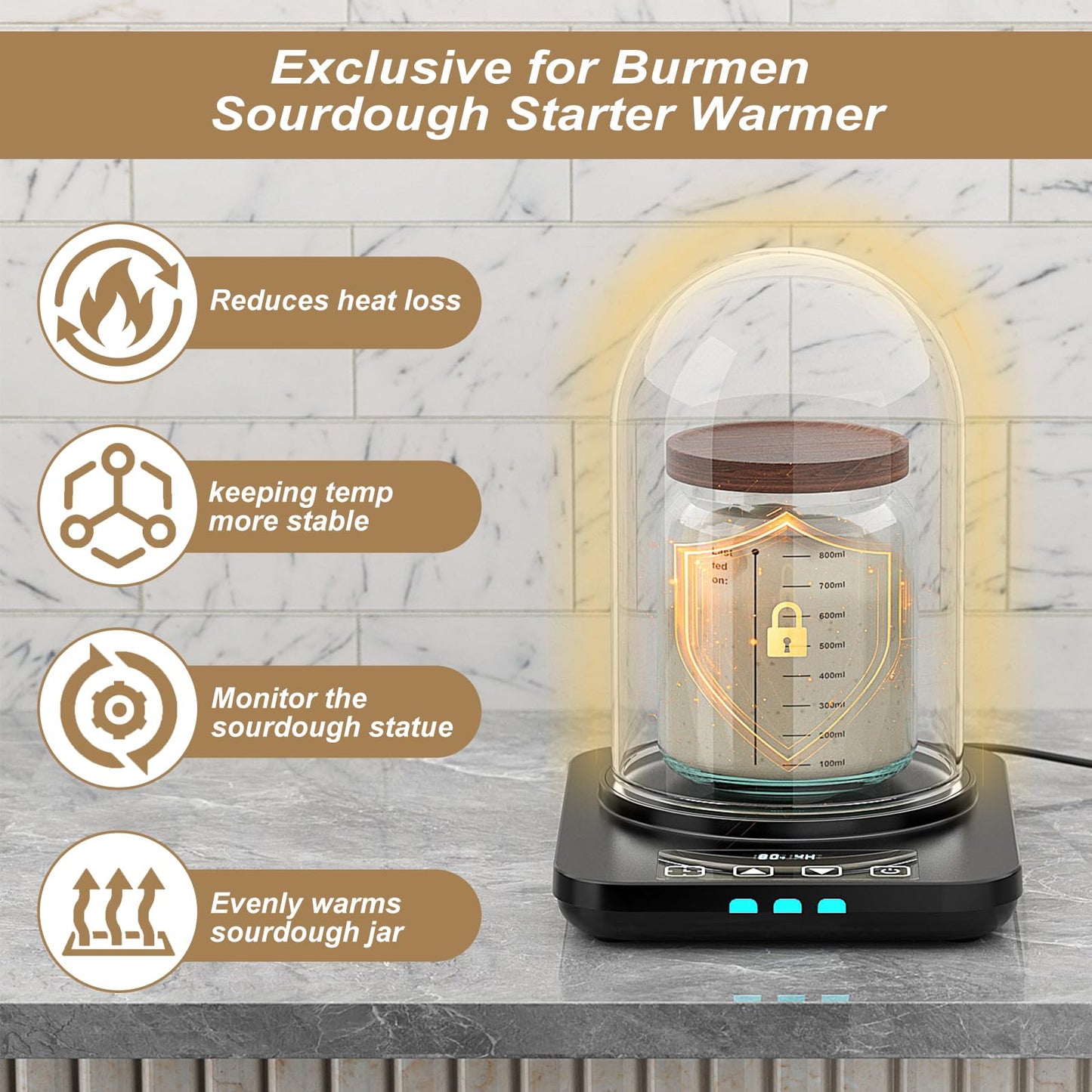 Large Glass Dome for MENGBEI Sourdough Starter Warmer, Warming Heating Pad Accessories Clear Glass Cover Fits Jars 24oz 34oz 40oz (7.87" * 5.12")