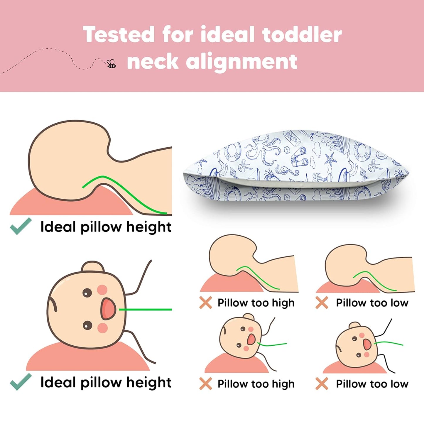 My Little Dreamy Toddler Pillow - Organic Cotton Travel Bed Pillow with Case | Soft & Breathable, 13x18 Inches, Ideal for Ages 2-5 (Nautical)