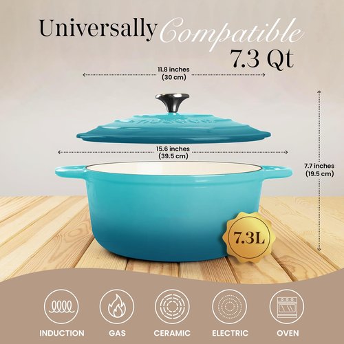 Cast Iron Dutch Oven with Lid – Non-Stick Ovenproof Enamelled Casserole Pot – Sturdy Dutch Oven Cookware – Teal, 7.3-Quart, 30cm – by Nuovva