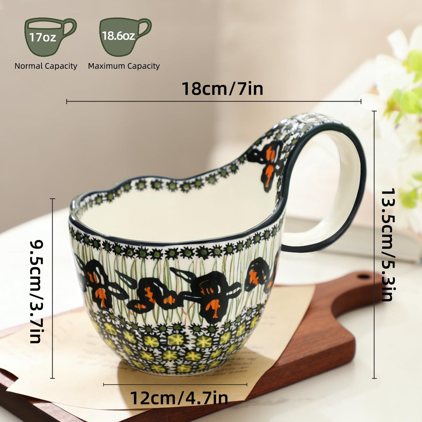 ALMA Ceramic Soup Bowls With Handles, 18oz Microwavable Large Loop Handle Mugs, Decorative Handpainted Floral Soup Bowl For Cereal, Oatmeal, Chili, Snack,Fruits,Ice cream-Orange Irene Theme
