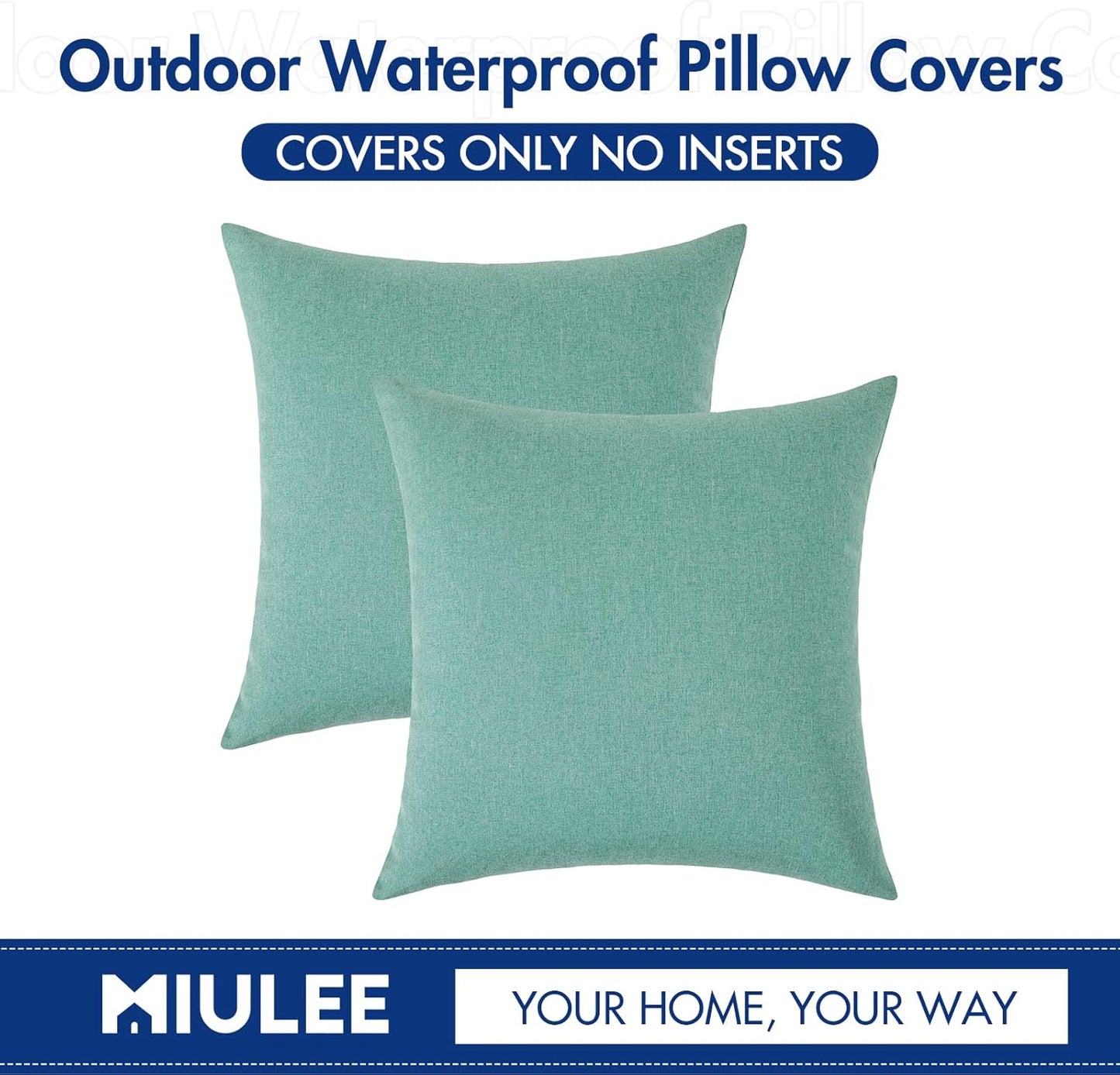 MIULEE Decorative Outdoor Throw Pillow Covers - Waterproof Faux Linen Cushion Cases | 12x12 Inch Teal, Pack of 2